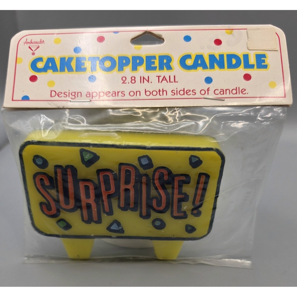 Ambassador Cake Candle "Surprise!" 2.8in Tall Rectangle Sign Yellow Blue